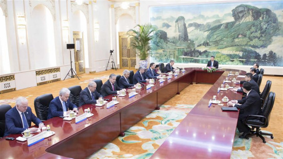 Chinese President Xi Jinping meets with Russian Foreign Minister Sergei Lavrov, Indian External Affairs Minister Sushma Swaraj, Kazakh Foreign Minister Kairat Abdrakhmanov, Kyrgyz Foreign Minister Erlan Abdyldaev, Pakistani Foreign Minister Khawaja Muhammad Asif, Tajik Foreign Minister Sirojidin Aslov, Uzbek Foreign Minister Abdulaziz Kamilov, Secretary-General of the Shanghai Cooperation Organization (SCO) Rashid Alimov and director of the SCO Regional Anti-Terrorist Structure (RATS) Executive Committee Yevgeniy Sysoyev in Beijing, capital of China, April 23, 2018. (Xinhua/Li Tao)