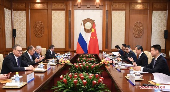 Chinese State Councilor and Foreign Minister Wang Yi holds talks with Russian Foreign Minister Sergei Lavrov in Beijing, capital of China, April 23, 2018. (Xinhua/Zhang Ling)