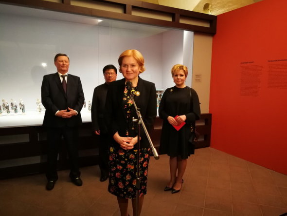 Russian Deputy Prime Minister Olga Golodets delivers a speech at the opening ceremony of the Ming Dynasty: The Glory of an Era of Intellectuals exhibition at the Kremlin in Moscow, April 16, 2018.  (Photo/Chinaculture.org)