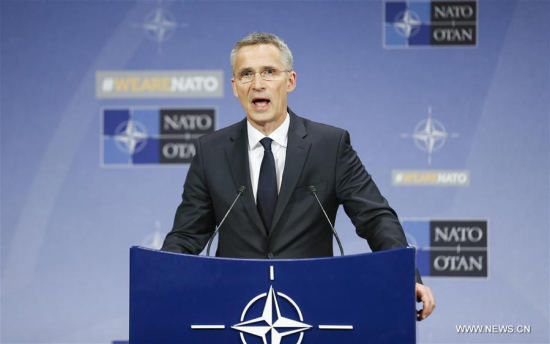 NATO Secretary General Jens Stoltenberg addresses a press conference after NATO foreign ministers' meeting at NATO headquarters in Brussels, Belgium, on April 27, 2018. (Xinhua/Ye Pingfan)
