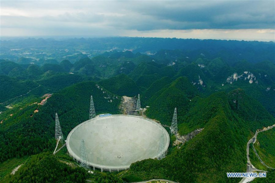 File photo taken on Aug. 9, 2017, shows the Five-hundred-meter Aperture Spherical Radio Telescope (FAST) in Pingtang County, southwest China's Guizhou Province. 