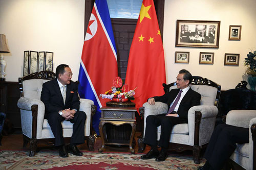 State Councilor and Foreign Minister Wang Yi meets with Ri Yong-ho, the foreign minister for the DPRK, in Beijing on April 3, 2018. (Photo/www.fmprc.gov.cn)