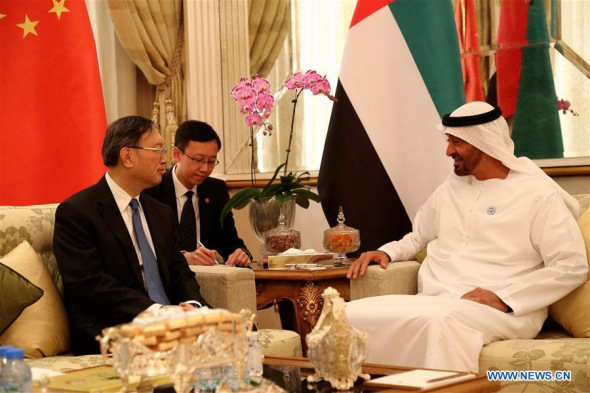 Visiting Chinese President Xi Jinping's special representative Yang Jiechi (L), who is a member of the Political Bureau of the Communist Party of China (CPC) Central Committee and director of the Office of the Foreign Affairs Commission of the CPC Central Committee, holds talks with Crown Prince of Abu Dhabi of the United Arab Emirates (UAE) Sheikh Mohammed bin Zayed Al Nahyan (R) in Abu Dhabi, the United Arab Emirates, April 30, 2018. (Xinhua/Su Xiaopo)