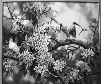 Yan Zi's birds in full glow on a canvas. (Photo by Huo Yan/China Daily)