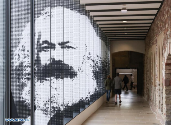 Photo taken on May 3, 2018 shows the entrance of the exhibition Karl Marx 1818-1883. Life. Work. Time. in the City Museum Simeonstift Trier in Trier, Germany. (Xinhua/Shan Yuqi)