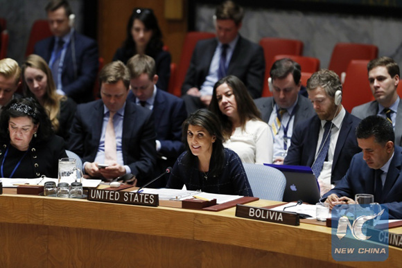 U.S. Ambassador to the United Nations Nikki Haley (C, Front) addresses a Security Council meeting on Yemen, at the UN headquarters in New York, on April 17, 2018. (Xinhua/Li Muzi)