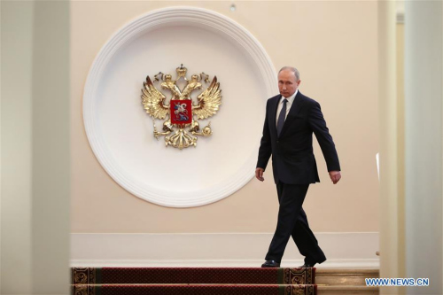 Russian President Vladimir Putin walks in the Kremlin before his inauguration ceremony in Moscow, capital of Russia, on May 7, 2018. Vladimir Putin took the oath of office Monday to start his fourth term as Russian president. (Xinhua/Sputnik)