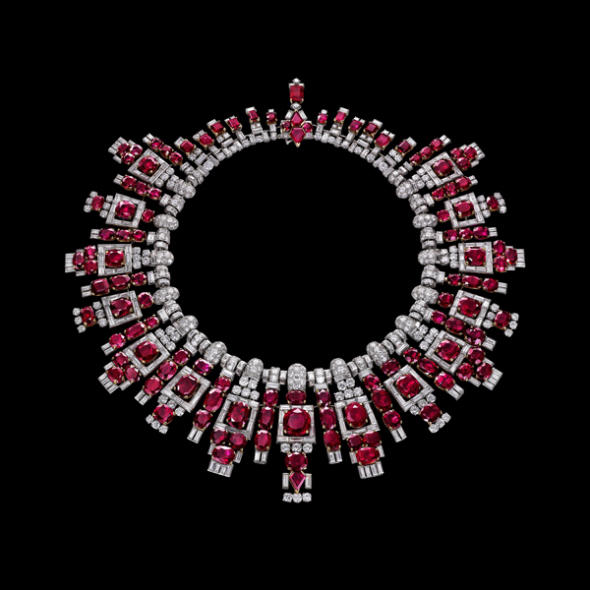 A ruby necklace commissioned by an Indian ruler in 1937. (Photo by Jiang Dong and Yao Ying/China Daily)