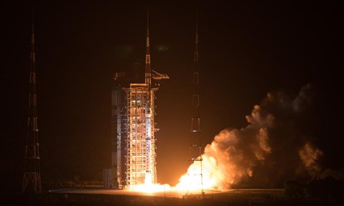 Photo taken on May 9, 2018 shows the Gaofen-5 satellite being launched off the back of a Long March 4C rocket at 2:28 am Beijing Time from the Taiyuan Satellite Launch Center in northern Shanxi Province. China on Wednesday launched Gaofen-5, a hyperspectral imaging satellite, as part of the country's high-resolution Earth observation project. (Xinhua/Jin Liwang)