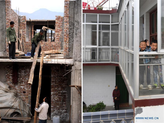 Combo photo shows villagers working at the construction site of a new house on Nov. 21, 2008 (L) and children playing at home on May 9, 2018, in Gan'en Village of Longnan City, northwest China's Gansu Province. Gan'en Village is a new village built to relocate villagers of Haoping Village, which was badly damaged by the 8.0-magnitude 2008 Wenchuan earthquake in neighboring Sichuan Province. (Xinhua/Nie Jianjiang, Fan Peishen)