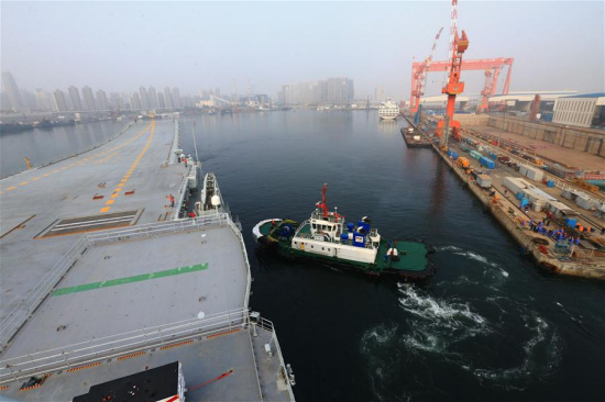 China's first home-built aircraft carrier leaves Dalian in northeast China's Liaoning Province for sea trials on May 13, 2018. (Xinhua/Hu Kaibing)