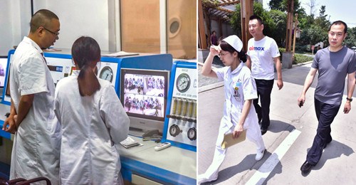 Left: Doctors monitor the status of crew members of the diverted flight, who are receiving treatment in a hyperbaric oxygen chamber at Chengdu No 1 People's Hospital on Tuesday. Right: Liu Chuanjian (right), captain of the flight, follows a nurse to receive the oxygen treatment. (Photo by Wang Huan/For China Daily)