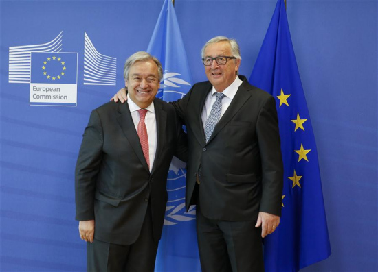 European Commission President Jean-Claude Juncker (R) meets with UN Secretary-General Antonio Guterres in Brussels, Belgium, May 16, 2018. (Xinhua/Ye Pingfan)