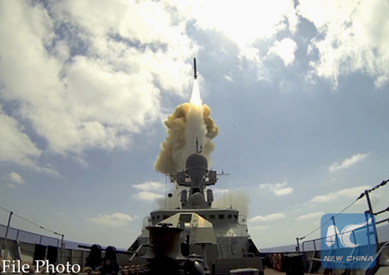 In this frame grab provided by Russian Defense Ministry press service, a long-range Kalibr cruise missile is launched by a Russian Navy ship in the eastern Mediterranean, Aug. 19, 2016. (Photo/Xinhua)