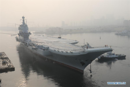 China's first home-built aircraft carrier leaves Dalian in northeast China's Liaoning Province for sea trials on May 13, 2018. (Xinhua/Li Gang)