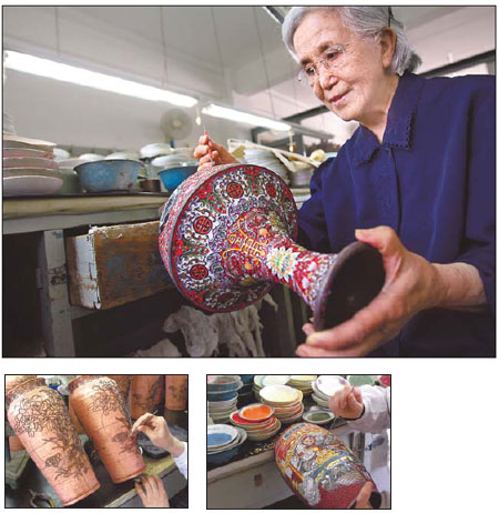 Top: Qian Meihua, a master cloisonne designer, works in her office. Above: The blue metal artwork requires more than 100 steps to finish. Left: A 2-meter-tall vessel of cloisonne named Peace. 