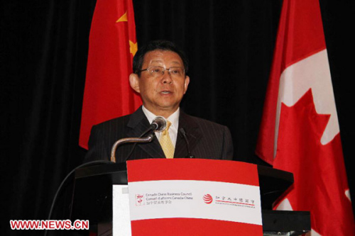 Visiting Chinese Commerce Minister Chen Deming gives a keynote speech at the business luncheon hosted by Canada China Business Council and Canada China Chamber of Commerce in Toronto, Canada, on Sept. 25, 2012. The Canada China Chamber of Commerce (CCCC) 