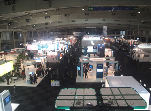 A bird's-eye-view of the exhibition area of the 2012 Smart City Expo World Congress at the Gran Via Venue in Barcelona Spain, Nov 13, 2012. The Expo runs from Nov 13 to 15 and has attracted many top level companies from the field of smart city solutions, such as IBM, Schneider and CISCO. 