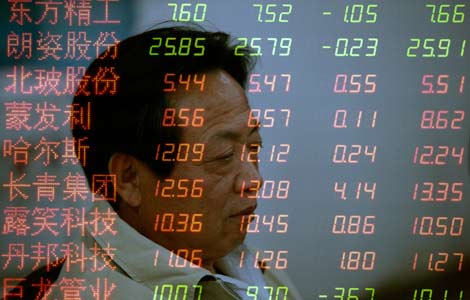 A man is reflected on an electronic board displaying share prices in Huaibei, Anhui province, Nov 14, 2012. [Photo by Wu He/Asianewsphoto]