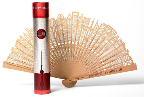 A Shanghai Breeze Fan - a sandalwood fan depicting Shanghai skyscrapers, designed by Chinese designer Carl Liu. Along with an increasing number of young designers like Liu, Chinese products are winning a reputation for their features, rather than cheap prices. [Provided to China Daily]