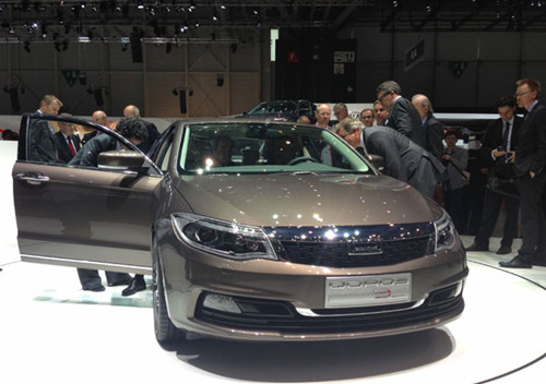 The Qoros 3 Sedan on display at the Geneva Motor Show on Tuesday. The company is also presenting two concept vehicles at the show. [Photo/China Daily]