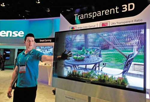 A Hisense Transparent 3D TV at the 2013 International CES, a consumer electronics trade show, at the Las Vegas Convention Center. [Photo/China Daily]