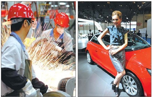 Left: Workers at FAW-Volkswagen's Chengdu factory, where a new vehicle rolls off the assembly line every 60 seconds; right: A model stands beside an Audi A1 sedan at the Chengdu Motor Show 2012 held in the capital city of Sichuan in August. [Photo/Provided to China Daily]