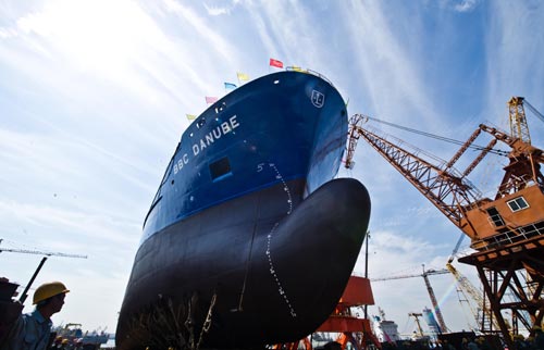 A ship built by Tianjin Xingang Shipbuilding Heavy Industry Co Ltd for a German company in 2012. China's shipbuilders got 9.57 million deadweight tonnage of new orders in the first quarter. [Yue Yuewei/Xinhua]