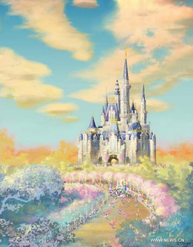  This is a rendering of a castle at the Shanghai Disney Resort in Shanghai, east China. Intended to open at the end of 2015, the resort will initially be comprised of Shanghai Disneyland, a Magic-Kingdom-style park as well as two themed hotels, a large retail, dining and entertainment venue, recreational facilities, a lake and transportation hubs. Covering an area of 1.16 square km, the theme park inside the 3.9-square-km Shanghai Disney Resort will be the world's sixth Disney amusement park and the first on the Chinese mainland. (Xinhua)