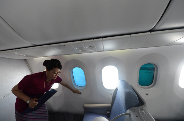 A Boeing787 Dreamliner aircraft introduced by China Southern Air Holding Co. Some main Chinese airlines are itching to offer an in-flight WiFi service, although they are still waiting for official approval. [Photo/Provided to China Daily]