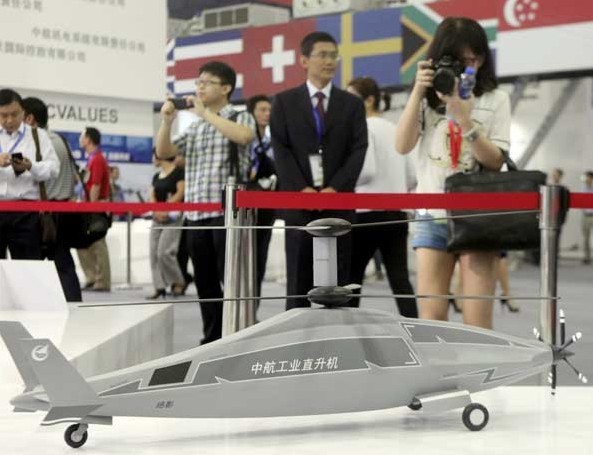 A model of the Jueying-8, an unmanned, high-speed helicopter, on display at the Second China Helicopter Expo on Thursday in Tianjin.