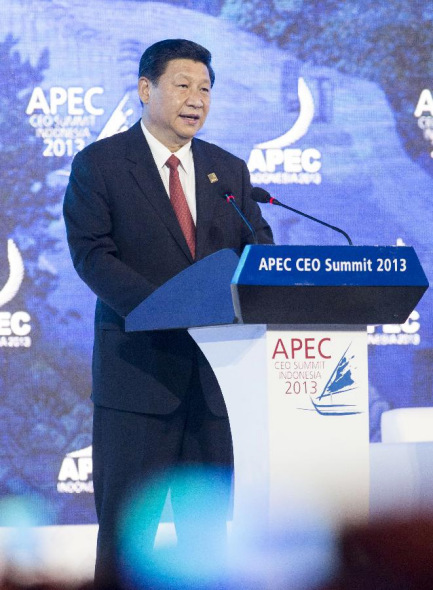 Chinese President Xi Jinping speaks at the APEC CEO Summit in Bali, Indonesia, Oct. 7, 2013. (Xinhua/Wang Ye)