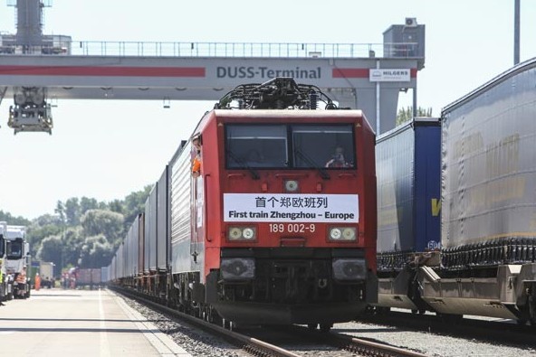 A train from Zhengzhou arrives at Hamburg, Germany. Provided to China Daily