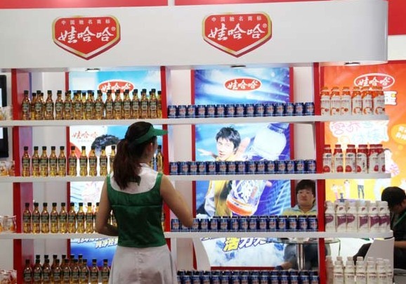 Hangzhou Wahaha Group products on display at a food expo in Beijing in June.[Photo/China Daily]   