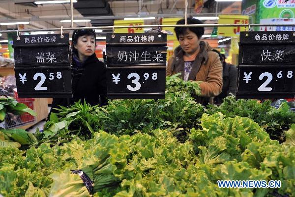 Consumers select vegetables at a supermarket in Beijing, capital of China, Nov. 9, 2013. China's consumer price index (CPI), a main gauge of inflation, grew 3.2 percent year on year in October, up from 3.1 percent in September, the National Bureau of Statistics said on Saturday. (Xinhua/Li Wen)