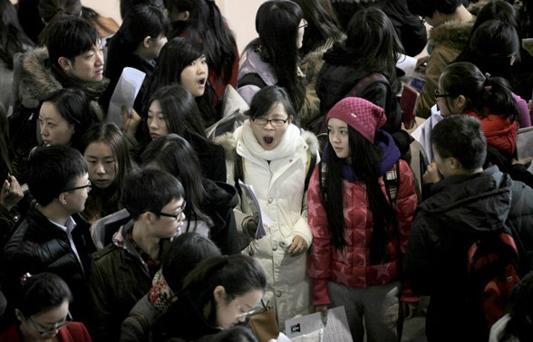 Graduates seek job opportunities at an employment fair in Beijing on Dec 13. A survey has found that the most important metric of career success for China's Generation Y (aged 18 to 30) is creating personal wealth.[Wang Jing / China Daily]