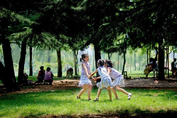 Children have fun in a forest in Yiyuan county, Shandong province on May 4, 2010. [Photo/Xinhua]  