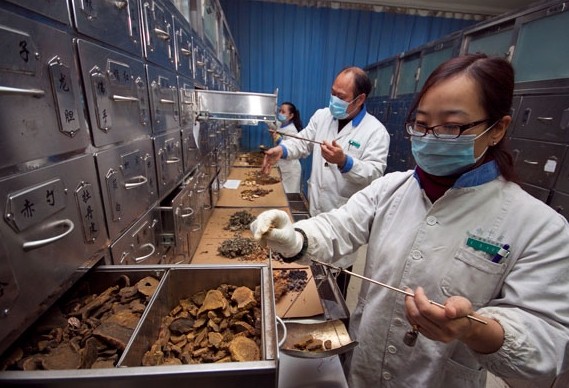 Workers prepare medicines at a traditional Chinese medicine hospital in Xiangyang, Hubei province.[Photo/China Daily]   