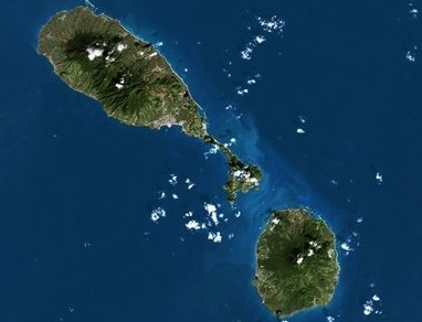Satellite image of Saint Kitts and Nevis in the Caribbean Sea.