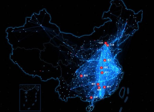 The top 10 cities with the largest influxes of travelers at 10 am in Jan 28, 2014: Beijing, Chongqing, Hengyang, Yulin, Ganzhou, Xinyang, Shangqiu, Binzhou, and Tianjin.[Photo/Baidu]  