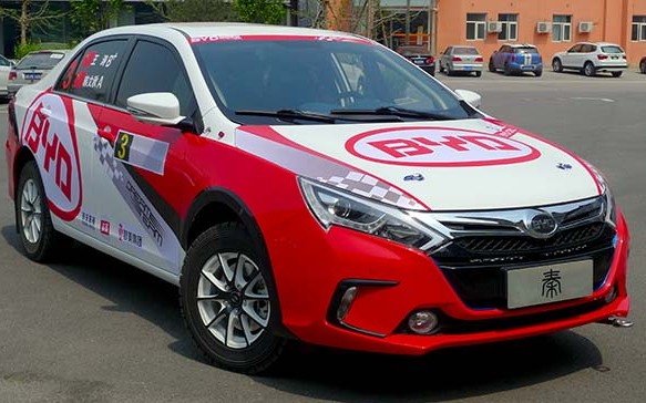 This photo taken in Beijing shows a BYD Qin plug-in hybrid racing car which will take part in the 2014 CRC. [Photo provided to chinadaily.com.cn]  