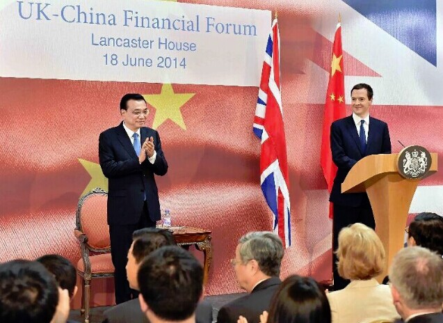 Chinese Premier Li Keqiang (L) and British Chancellor of the Exchequer George Osborne attend the UK-China Financial Forum in London, capital of Britain, June 18, 2014. (Xinhua/Li Tao)