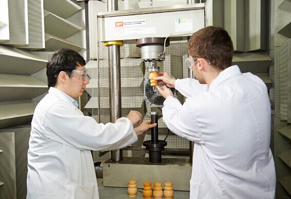 BASF technical experts test the noise level of Cellasto components at the expanded technical center in Shanghai. [Provided to chinadaily.com.cn]  