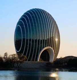 The Yanqi Lake Kempinski Hotel Beijing is designed in the shape of the rising sun, symbolic of the fast developing Chinese economy. Photo: Courtesy of Yanqi Lake Kempinski Hotel Beijing