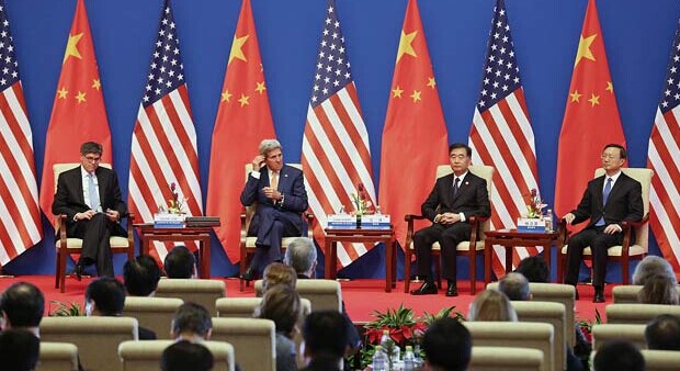 L-R: United States Treasury Secretary Jacob J. Lew, US Secretary of State John Kerry, Chinese Vice-Premier Wang Yang and State Councilor Yang Jiechi attend the opening ceremony of the sixth China-US Strategic and Economic Dialogue in Beijing on Wednesday. PHOTO BY XU JINGXING / CHINA DAILY 