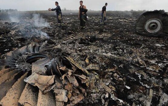 Photo taken on July 17, 2014 shows the debris at the crash site of a passenger plane near the city of Shakhtarsk in Ukraine's Donetsk region. [Xinhua]  