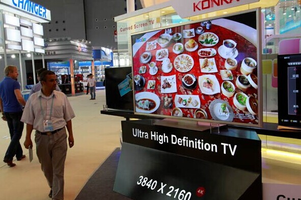 The booth of TV-maker Konka at the 2014 China Import and Export Fair, which was held in Guangzhou, capital of Guangdong province. China's TV set exports to Europe have picked up in the past few years.ZOU ZHONGPIN/CHINA DAILY  