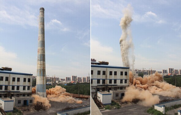 Before and after photos taken at a glass manufacturing plant in Shahe, Hebei province, whose chimney was demolished, in July, 2014. Local governments are committed to structural reform and improving air quality. [Provided to China Daily]
