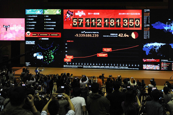 The turnover of this year's Double 11 shopping festival reached 57.1 billion yuan ($9.32 billion), as shown on the screen at the headquarters of Alibaba Group Holding Ltd in Hangzhou, Zhejiang province, on Wednesday. [Ju Huanzong / China Daily]  