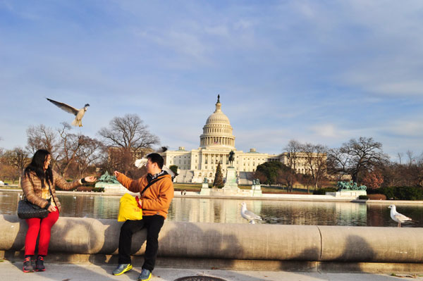Two Chinese tourists feed seagulls in front of Capitol Hill in Washington DC.[Photo provided to China Daily]  